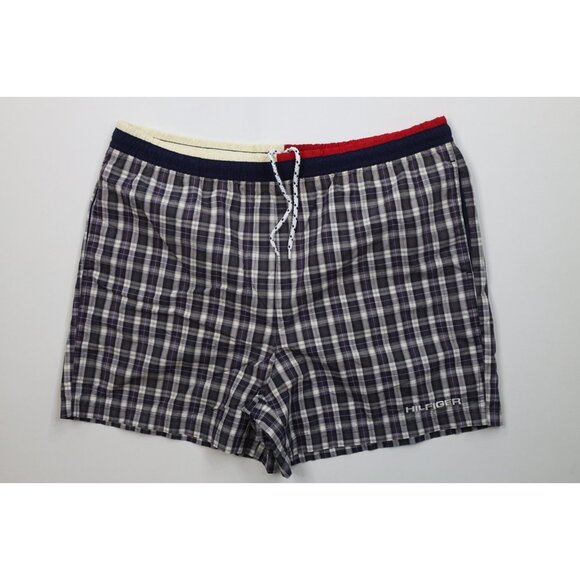 Vtg 90s Tommy Hilfiger Mens XL Faded Spell Out Lined Swim Trunks Shorts Plaid - Picture 1 of 12